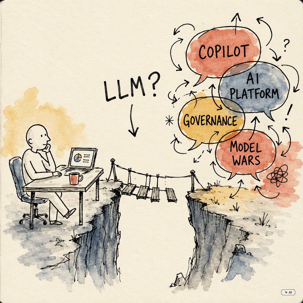 Person at a desk on one cliff edge, a rope bridge to the opposite cliff crowded with speech bubbles labelled Copilot, AI Platform, Governance and Model Wars