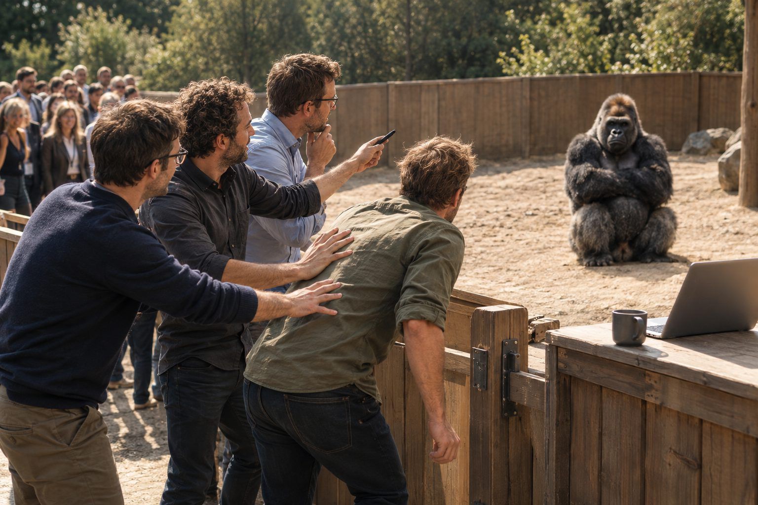 Three men at a wooden arena gate push a fourth man in an olive shirt forward toward a silverback gorilla waiting with crossed arms, while a crowd of office workers queues behind them