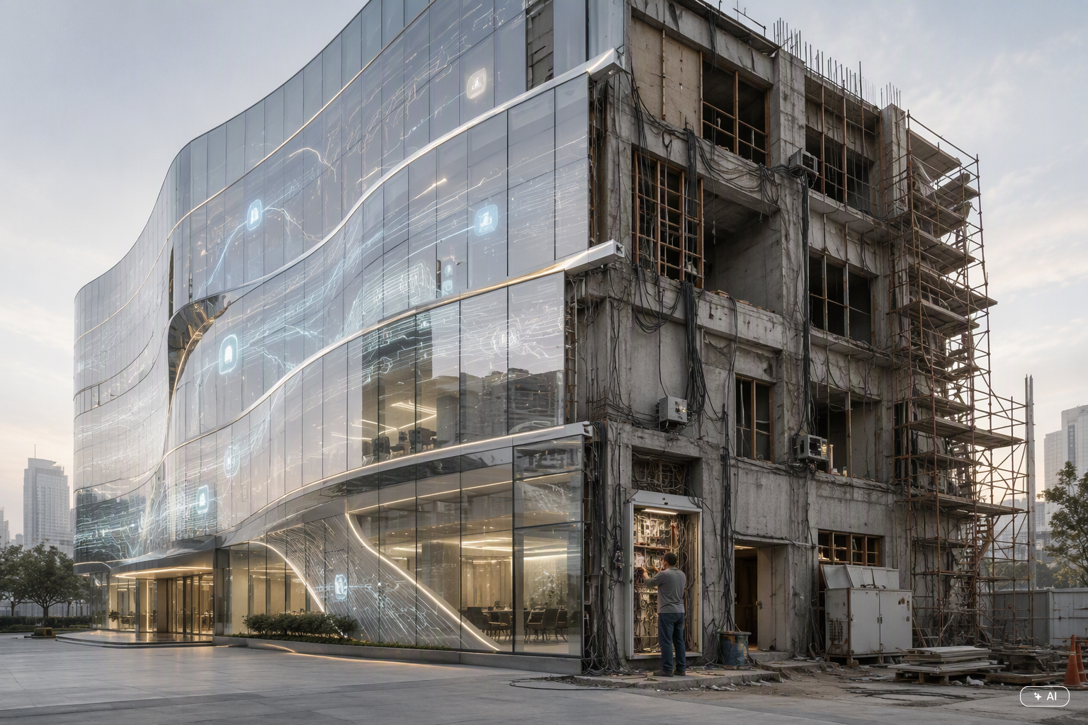 Glass office tower with finished, lit upper floors and a crane on top, while the lower floors and entrance are still wrapped in scaffolding.